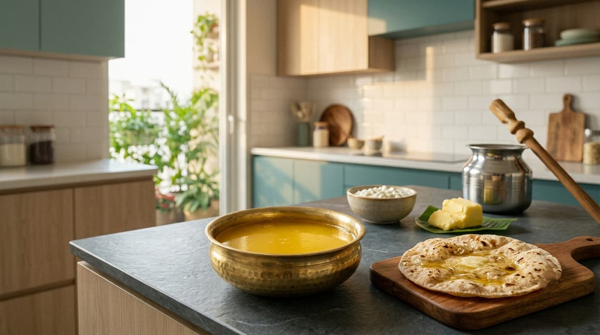 Desi ghee with hot roti in a modern Indian kitchen