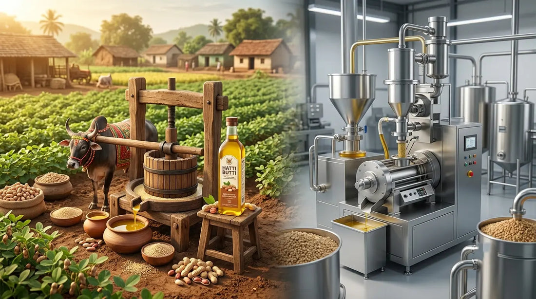 Difference Between Cold-Pressed Oil and Wood-Pressed Oil Bull Driven, showing modern cold-pressed oil extraction alongside traditional wood-pressed oil extraction in an Indian setting.