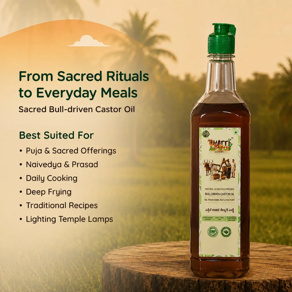 Nandi's Blessing castor oil bottle on a wooden surface suited for daily cooking, traditional recipes, and temple lamps.