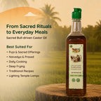 Nandi's Blessing castor oil bottle on a wooden surface suited for daily cooking, traditional recipes, and temple lamps.