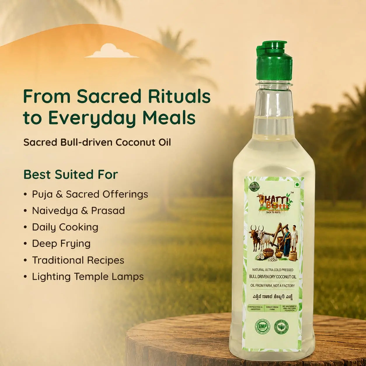 Nandi's Blessing coconut oil bottle on a wooden surface suited for daily cooking, traditional recipes, and temple lamps.