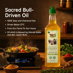 Fresh vegetables being cooked in sacred bull-driven cold-pressed groundnut oil.