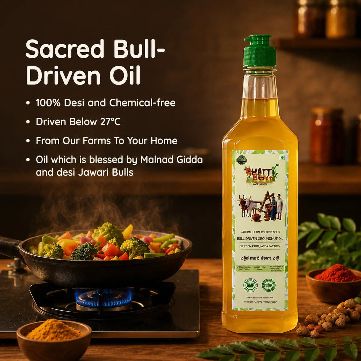 Fresh vegetables being cooked in sacred bull-driven cold-pressed groundnut oil.