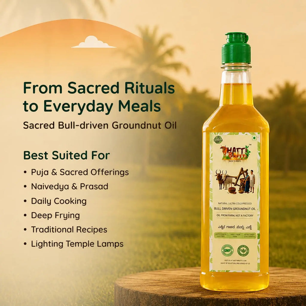 Nandi's Blessing groundnut oil bottle suited for daily cooking, traditional recipes, and temple lamps.