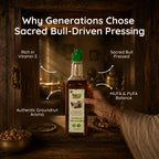 Infographic highlighting Vitamin E, MUFA, and PUFA balance in sacred bull-pressed castor oil.