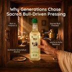 Infographic highlighting Vitamin E, MUFA, and PUFA balance in sacred bull-pressed coconut oil.