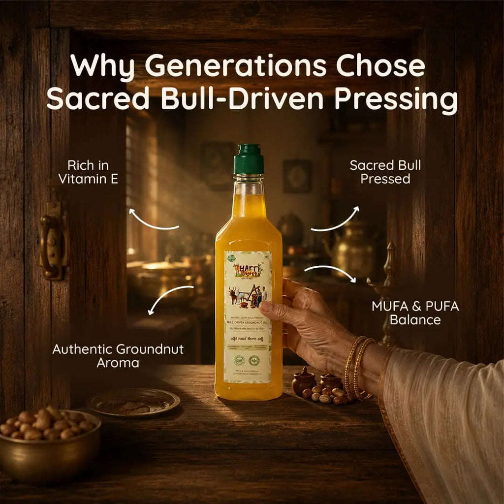 Infographic highlighting Vitamin E, MUFA, and PUFA balance in sacred bull-pressed groundnut oil.