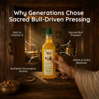 Infographic highlighting Vitamin E, MUFA, and PUFA balance in sacred bull-pressed groundnut oil.
