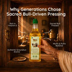 Infographic highlighting Vitamin E, MUFA, and PUFA balance in sacred bull-driven safflower oil.