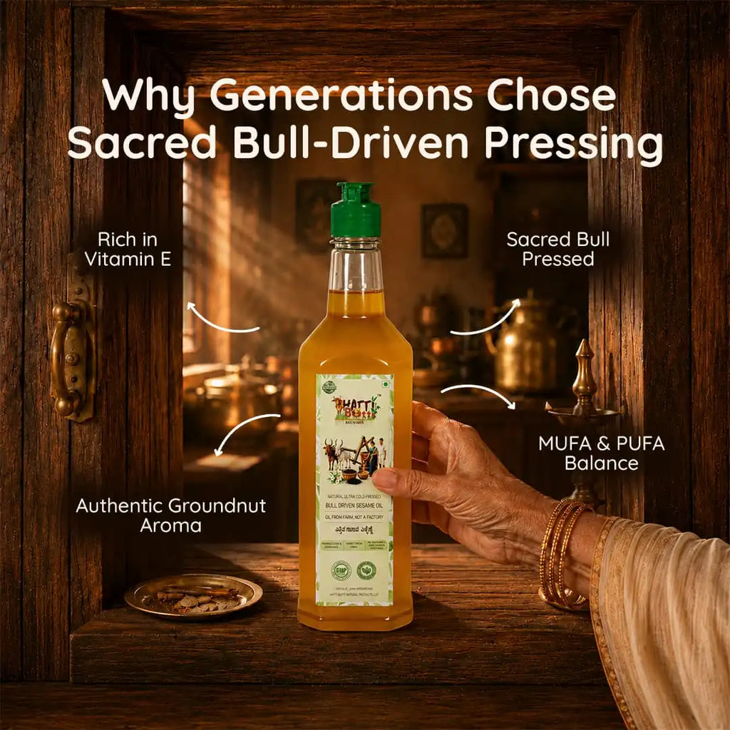 Infographic highlighting Vitamin E, MUFA, and PUFA balance in sacred bull-driven sesame oil.
