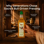 Infographic highlighting Vitamin E, MUFA, and PUFA balance in sacred bull-driven sesame oil.
