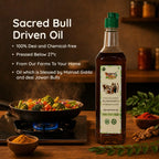 Fresh vegetables being cooked on a stove alongside a bottle of sacred bull-driven castor oil.