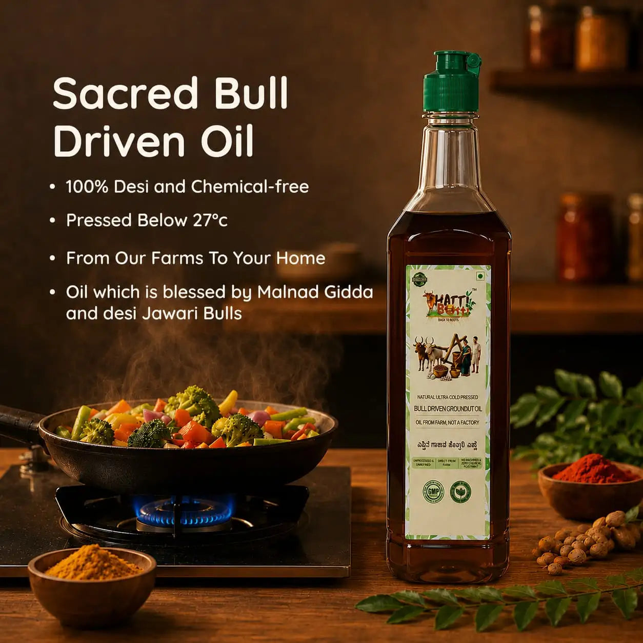 Fresh vegetables being cooked on a stove alongside a bottle of sacred bull-driven castor oil.