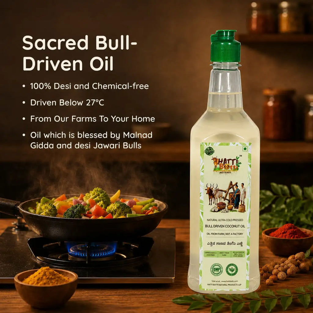 Fresh vegetables being cooked in a pan alongside a bottle of sacred bull-driven coconut oil.