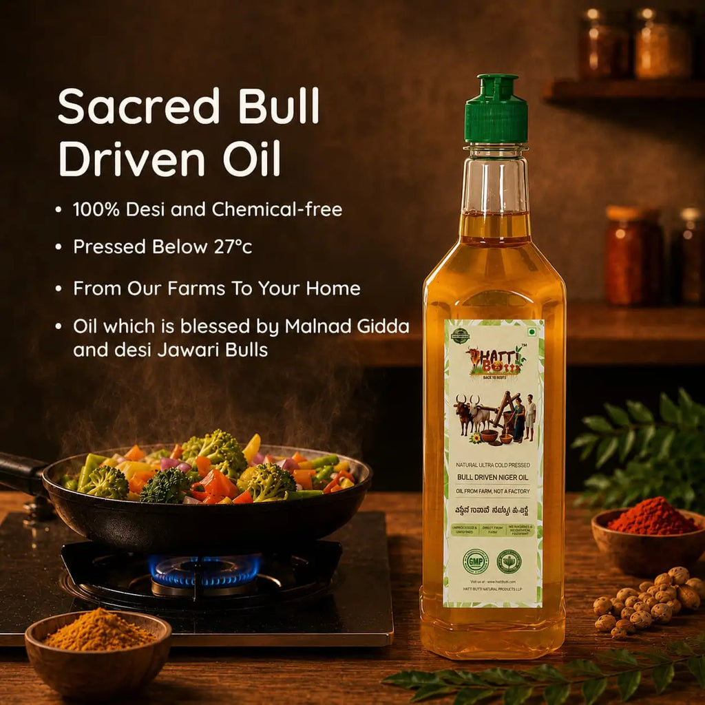 Fresh vegetables being cooked in a pan alongside a bottle of sacred bull-driven niger oil.