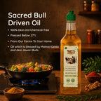 Fresh vegetables being cooked in a pan alongside a bottle of sacred bull-driven niger oil.