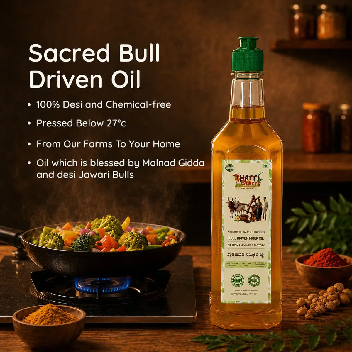 Fresh vegetables being cooked in a pan alongside a bottle of sacred bull-driven niger oil.