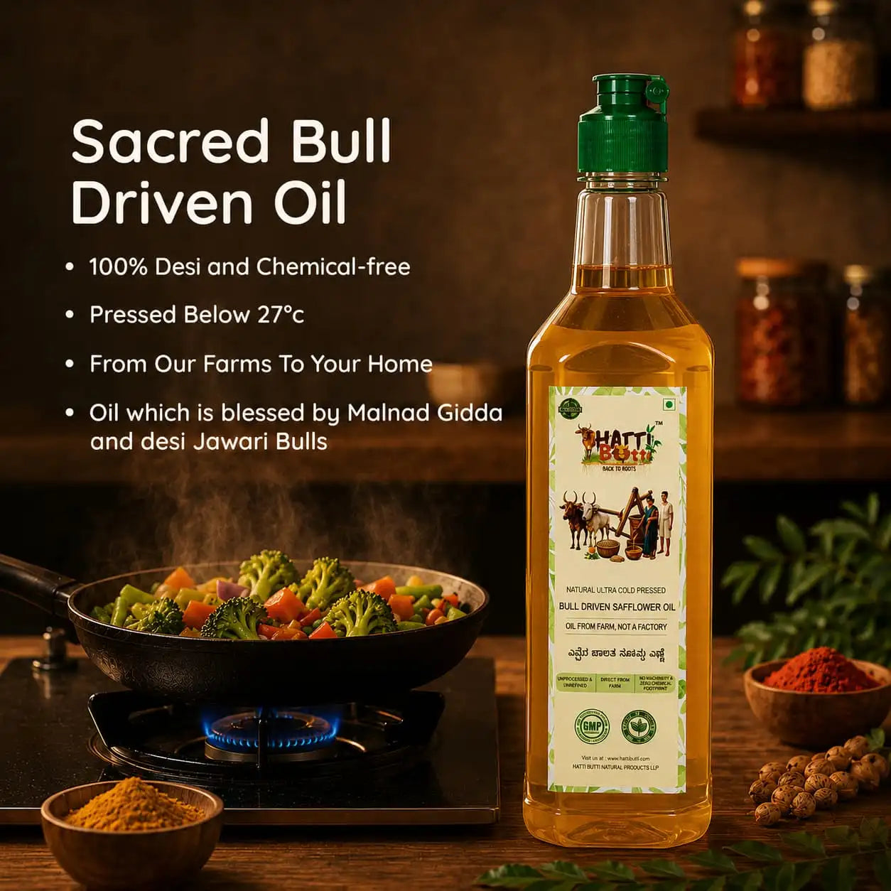 Fresh vegetables being cooked in a pan alongside a bottle of sacred bull-driven safflower oil.