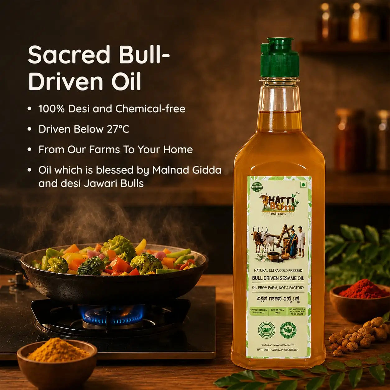 Fresh vegetables being cooked in a pan alongside a bottle of sacred bull-driven sesame oil.