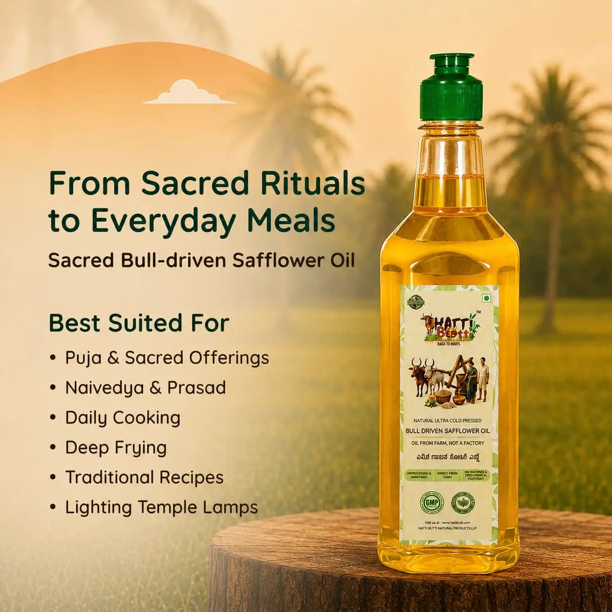 Nandi's Blessing safflower oil bottle placed on a wooden log in a scenic rural landscape, suited for cooking and temple lamps.
