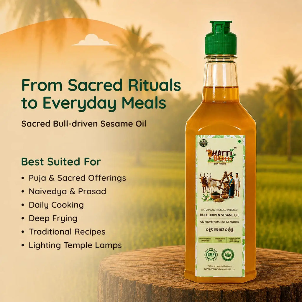 Nandi's Blessing sesame oil bottle placed on a wooden log in a scenic rural landscape, suited for cooking and temple lamps.