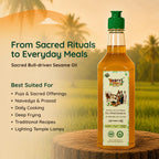 Nandi's Blessing sesame oil bottle placed on a wooden log in a scenic rural landscape, suited for cooking and temple lamps.