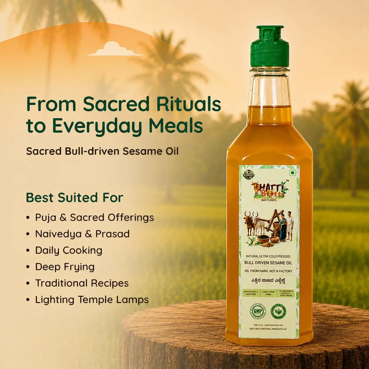 Nandi's Blessing sesame oil bottle placed on a wooden log in a scenic rural landscape, suited for cooking and temple lamps.
