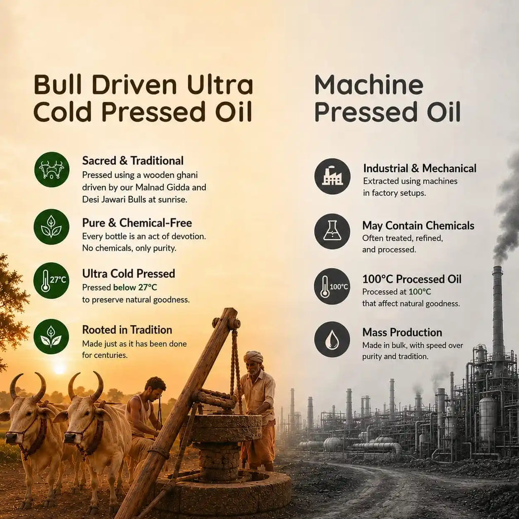Comparison chart showing advantages of bull-driven ultra cold pressed oil versus industrial machine-pressed oil.